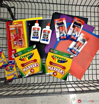 A shopping cart filled with school supplies.